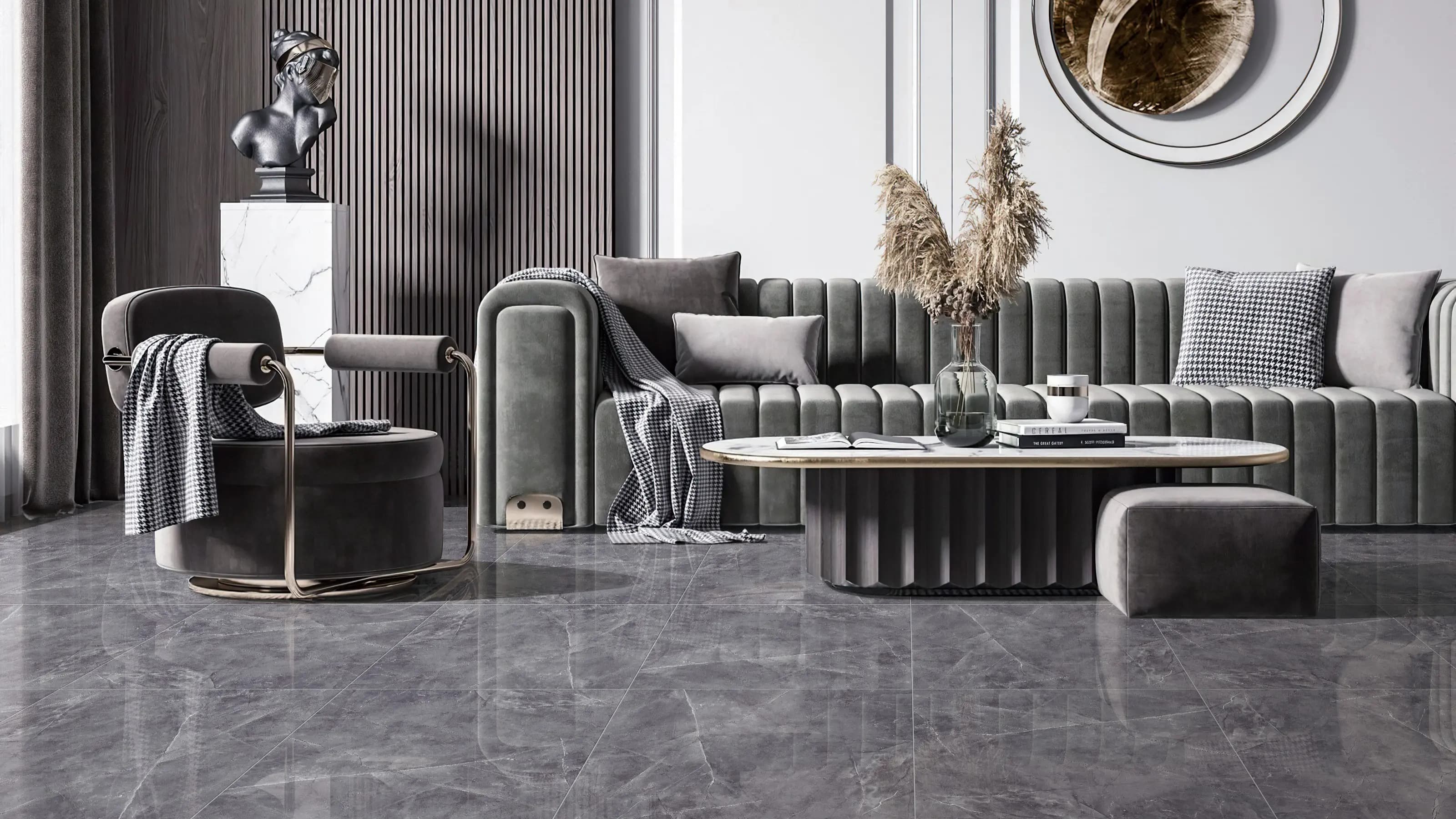 Premium living room with grey marble-look granite flooring by Valentino