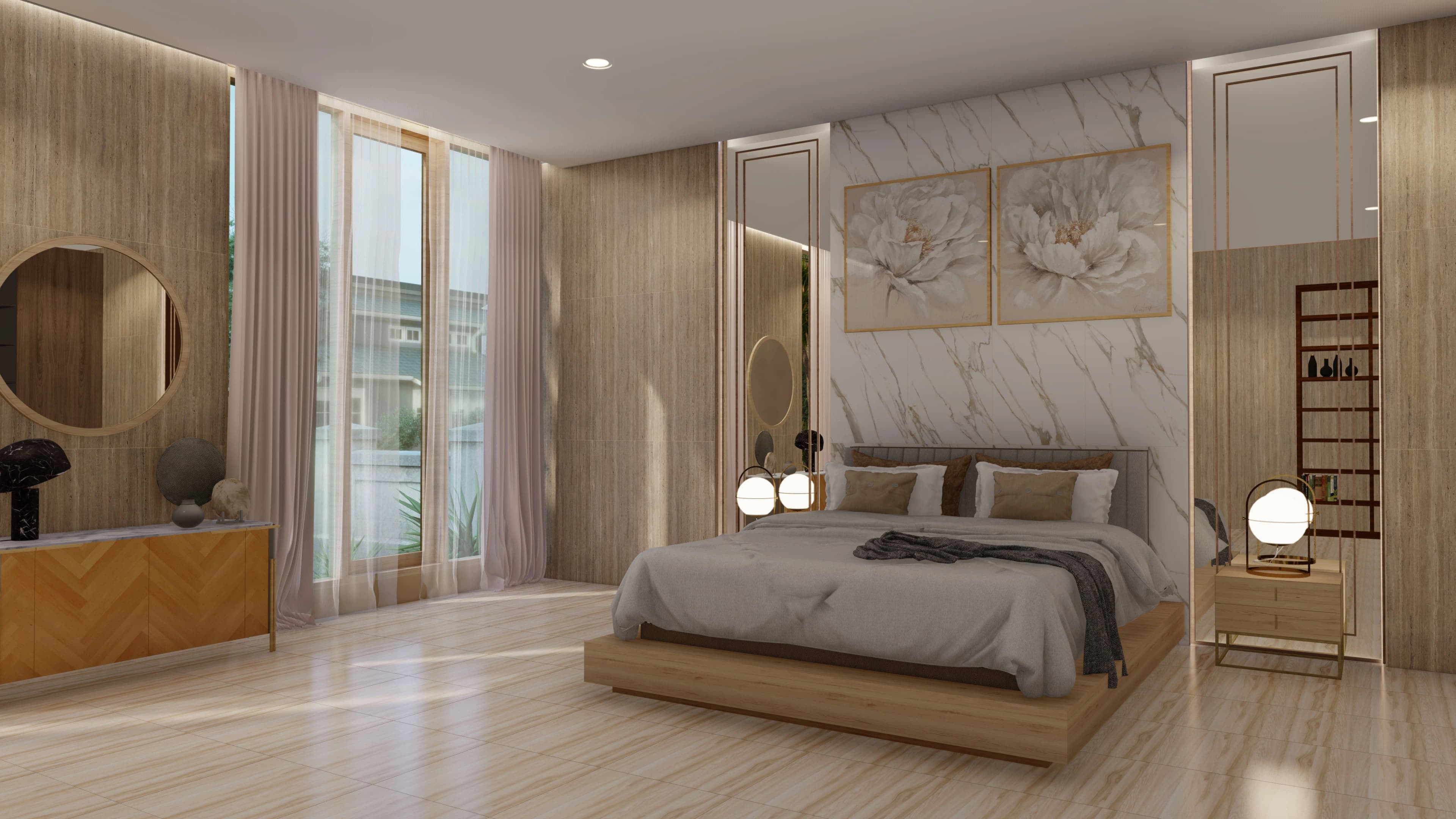 Bedroom with wood-look flooring and a marble feature wall