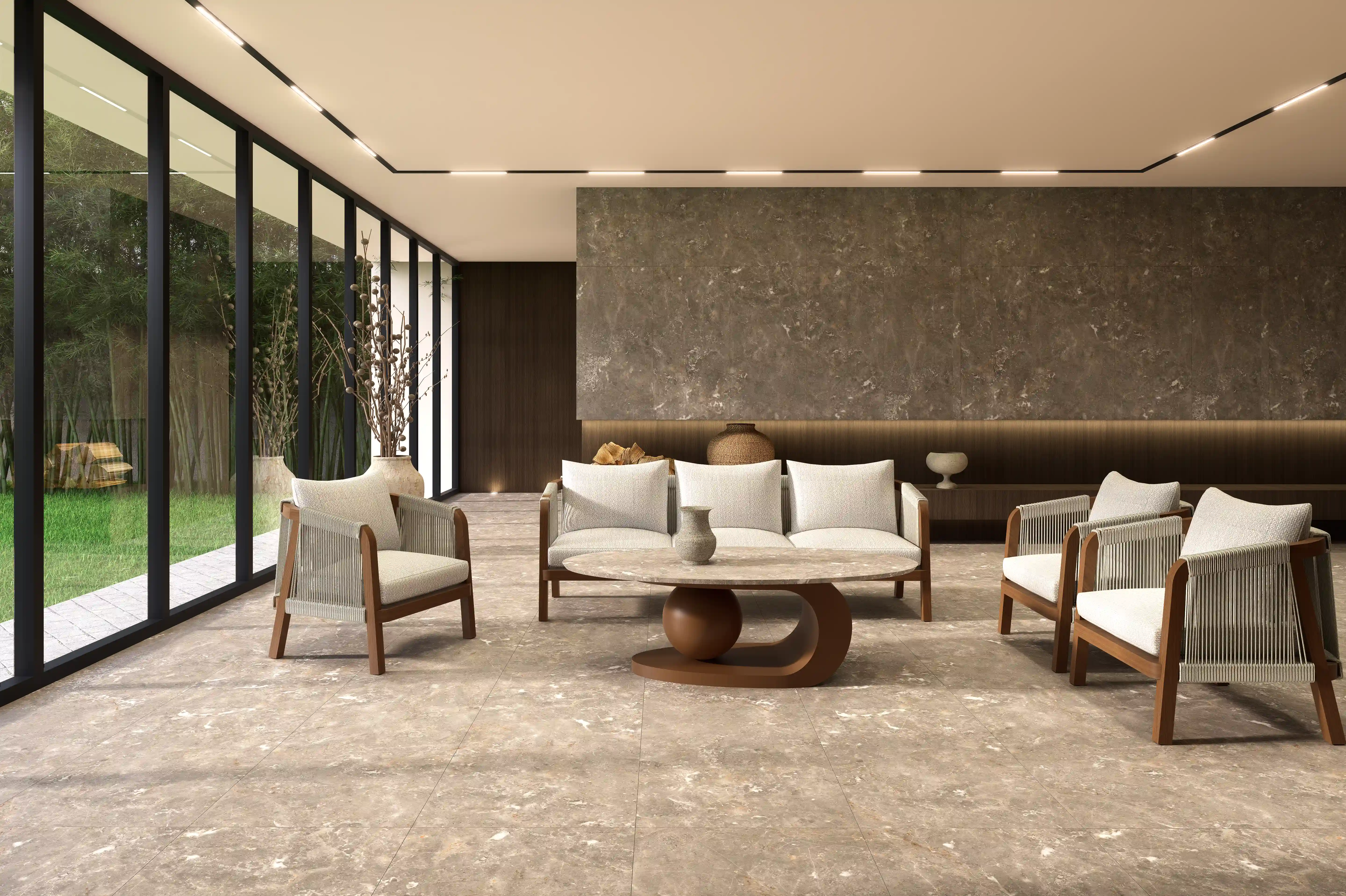 Premium lounge interior with Valentino sintered stone flooring and walls